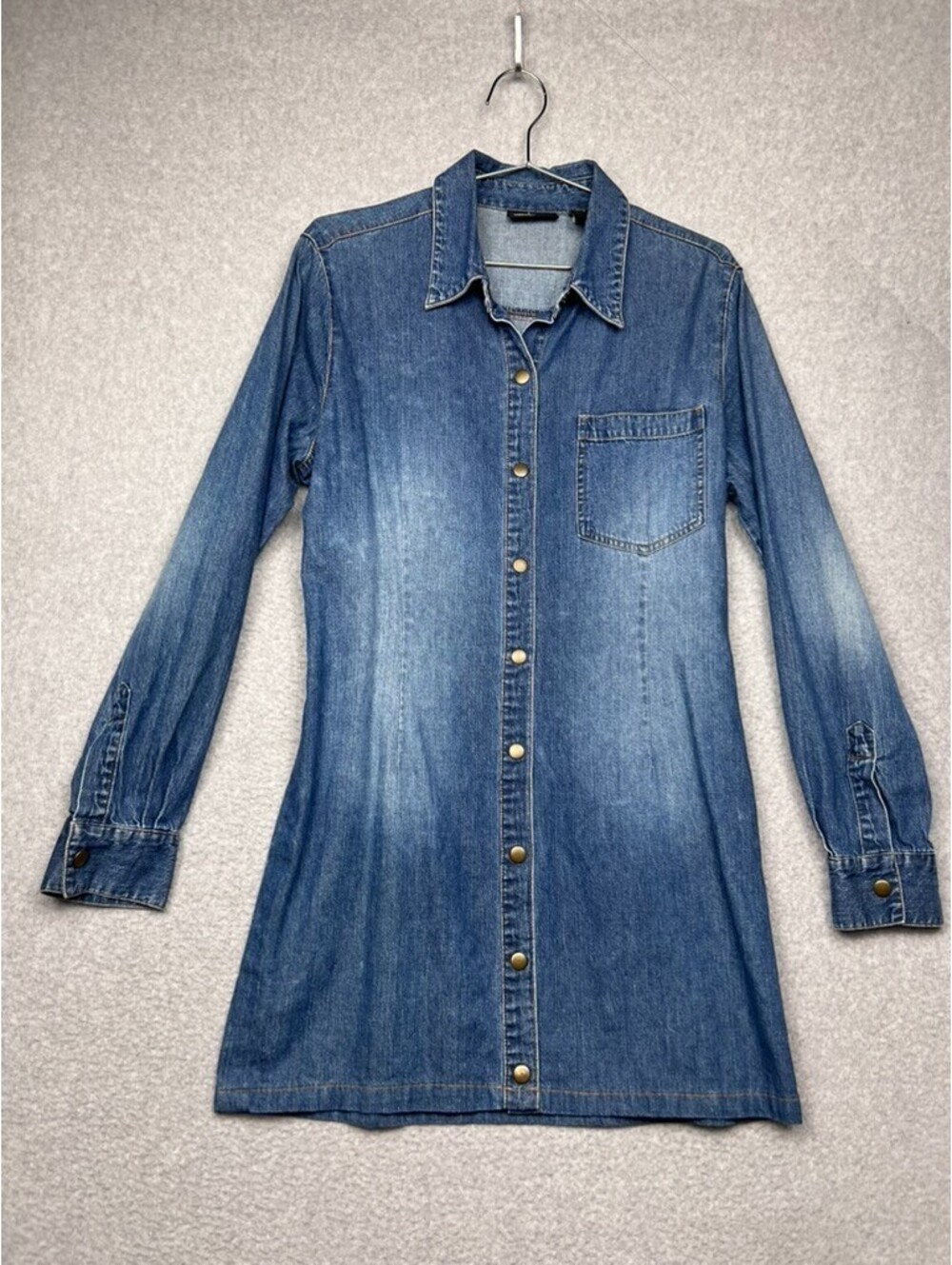 Moda International Womens L Blue Denim Snap Button Shirt Dress Long Sleeve 90s